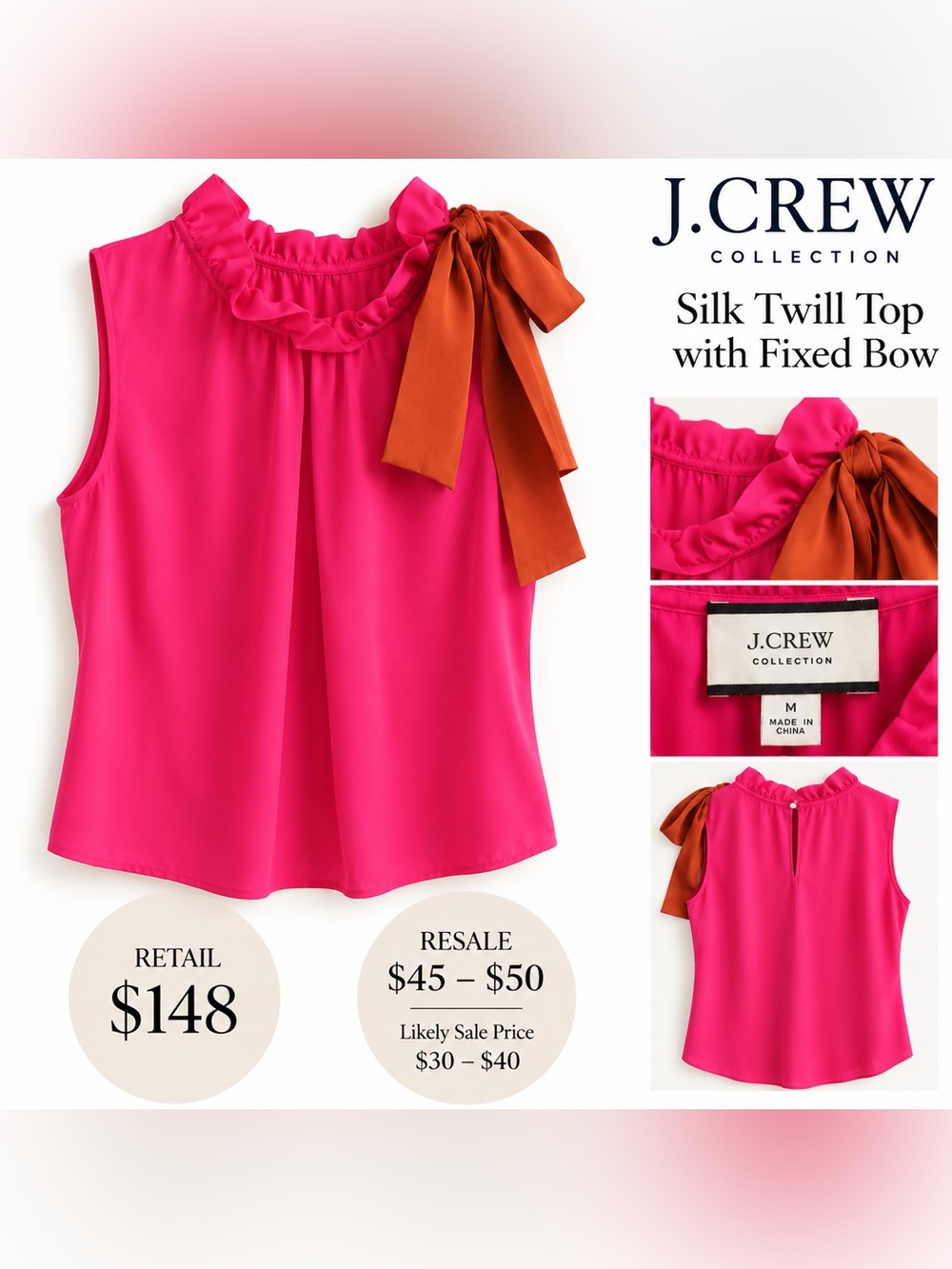 J.Crew Pink Silk Twill Sleeveless Top with Fixed Burnt Orange Bow
